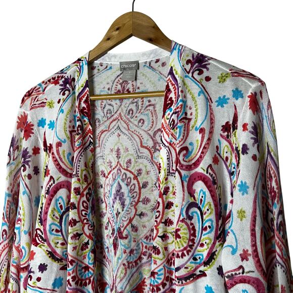 Chicos NWT Cardigan Size 3 XL Paisley Bright Colors Open Front Cotton Nylon - Picture 2 of 9